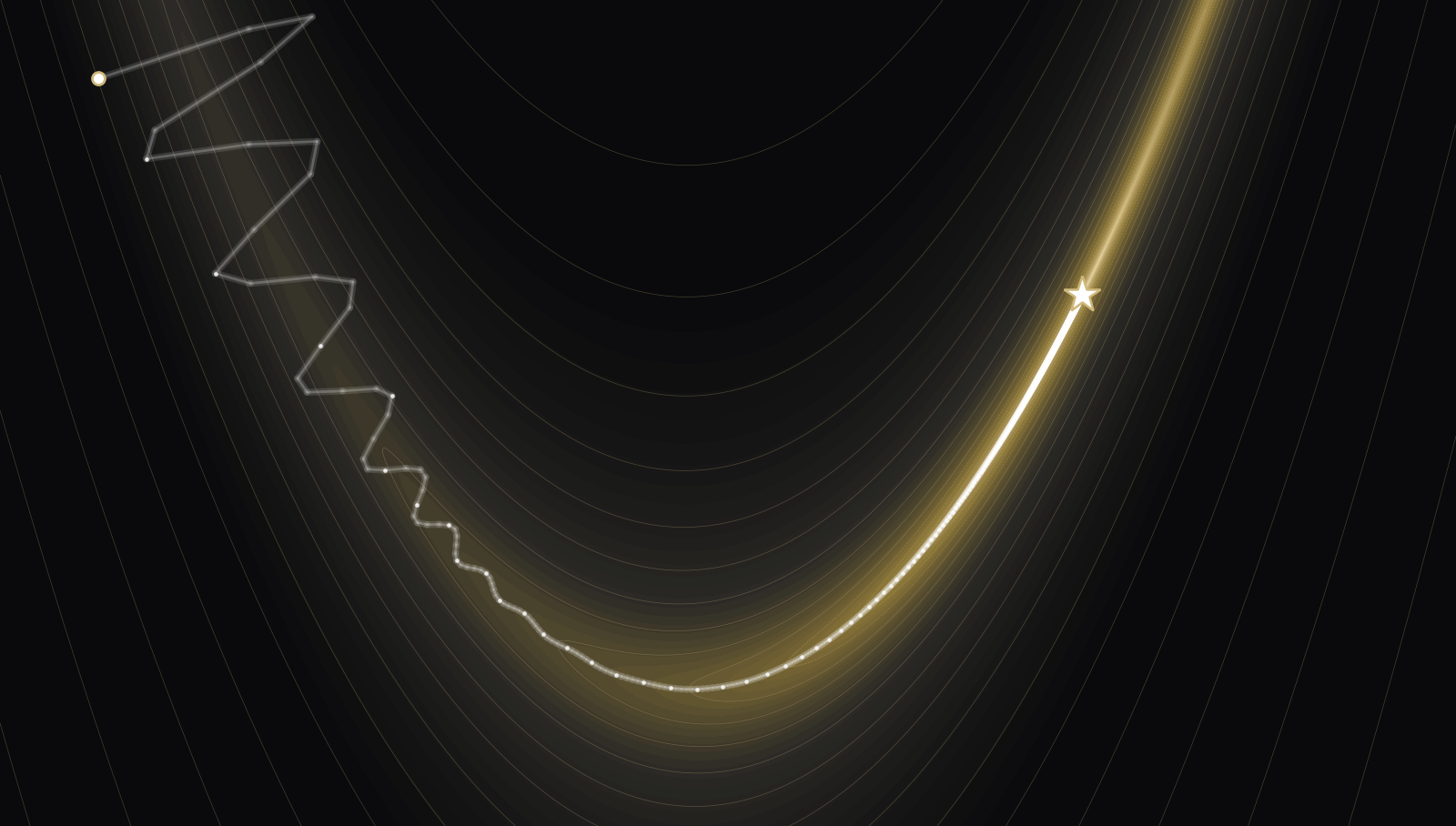 Contours of the Rosenbrock function with an optimizer's path oscillating across the valley walls, then settling into a smooth glide along the valley floor to the minimum.